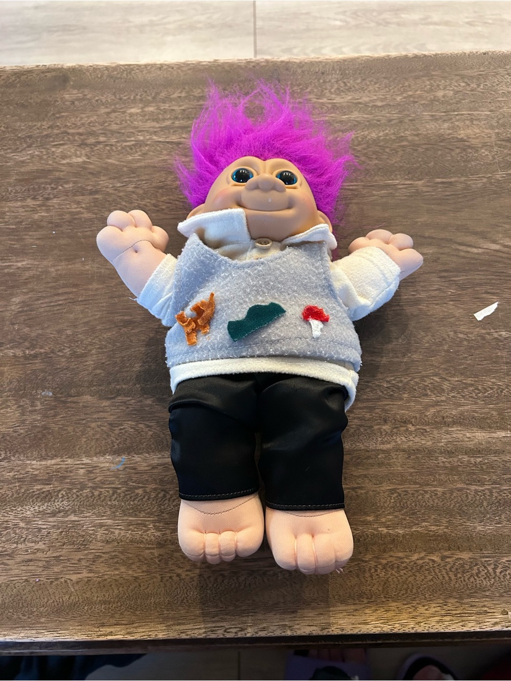 Vintage Russ Berrie Troll Doll Magenta Hair Gray Felt Vest Collectible Toy Plush
